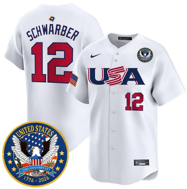 Men Team USA World Baseball Classic 250th Anniversary12 Schwarber white 2026 Roster Patch Vapor Jersey->los angeles dodgers->MLB Jersey